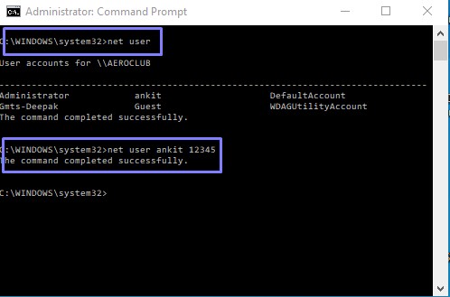 change password using command prompt in windows 10