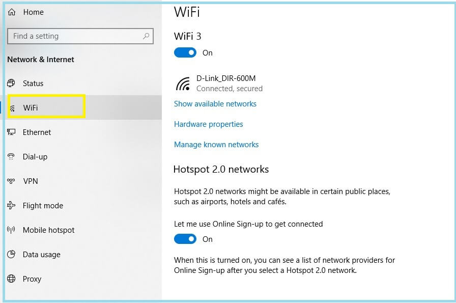 Wi-fi options in settings