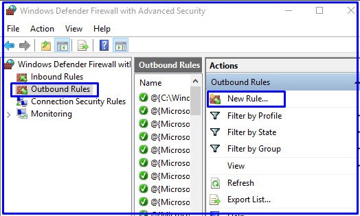 Outbond rules for windows defender