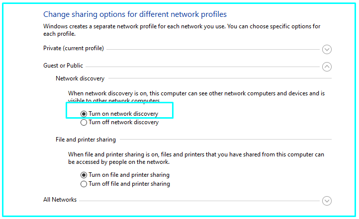Turn on Network Discovery Options on Windows 10