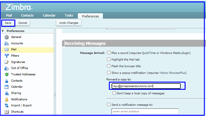 forward email options in Zimbra