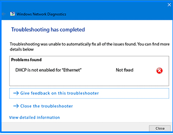 DHCP is not Enabled for Ethernet error