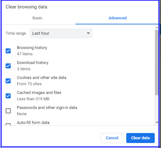 Clear Browsing data of Google chrome