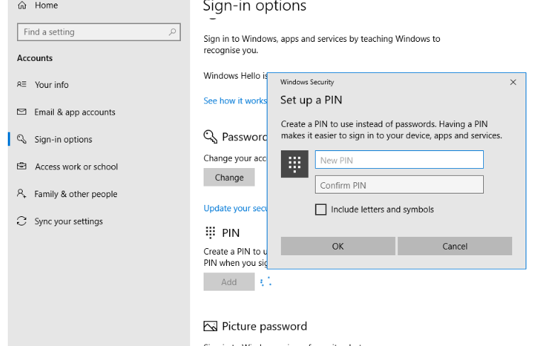 set password in windows 10