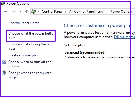 Choose options for change power plan