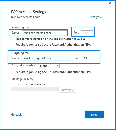 Email configuration options on server 2019