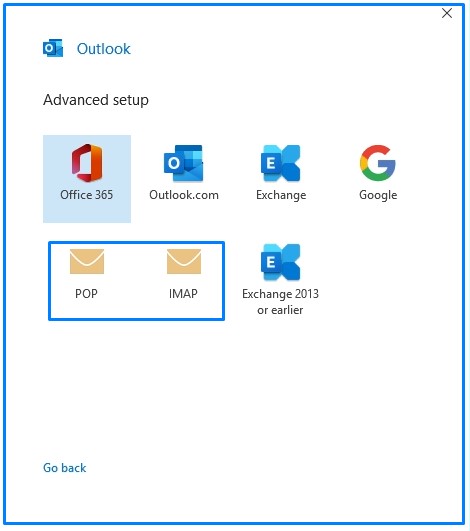 POP Imap Option on Outlook 2019