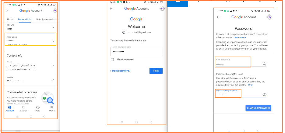 Change Password on Gmail from android phone