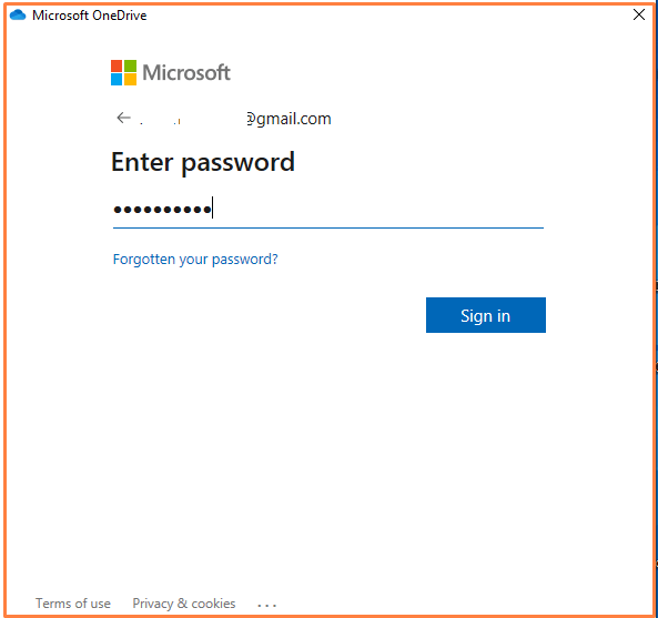 Password options to set up onedrive on Windows 10