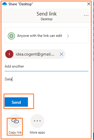 send Option to share Data Using OneDrive