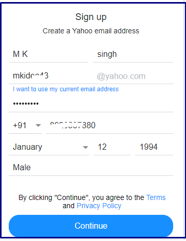 Create and yahoo account click on continue