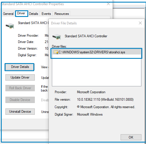 standard sata ahci controller properties