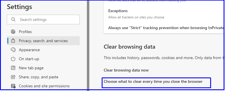 choose what do clear every time in Microsoft edge browser