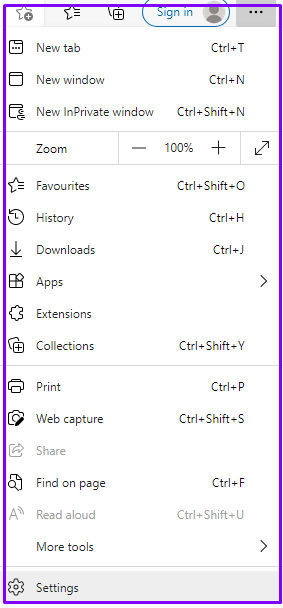 settings Options in Microsoft edge