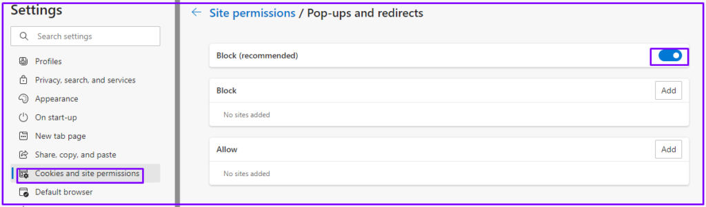 site permissions options on Microsoft edge