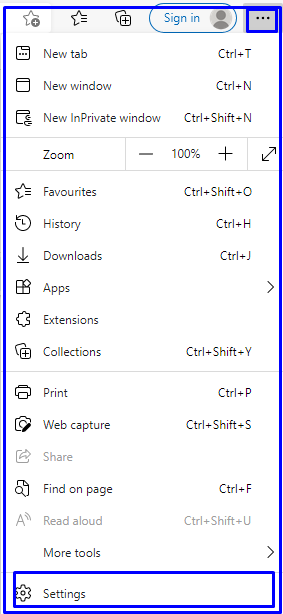 settings options on Microsoft edge browser