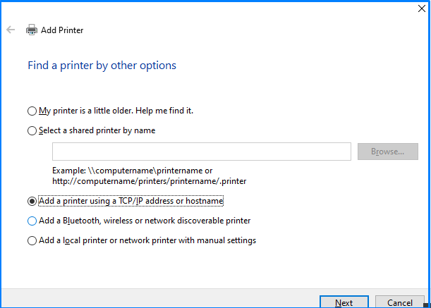 add a printer using TCP or host name
